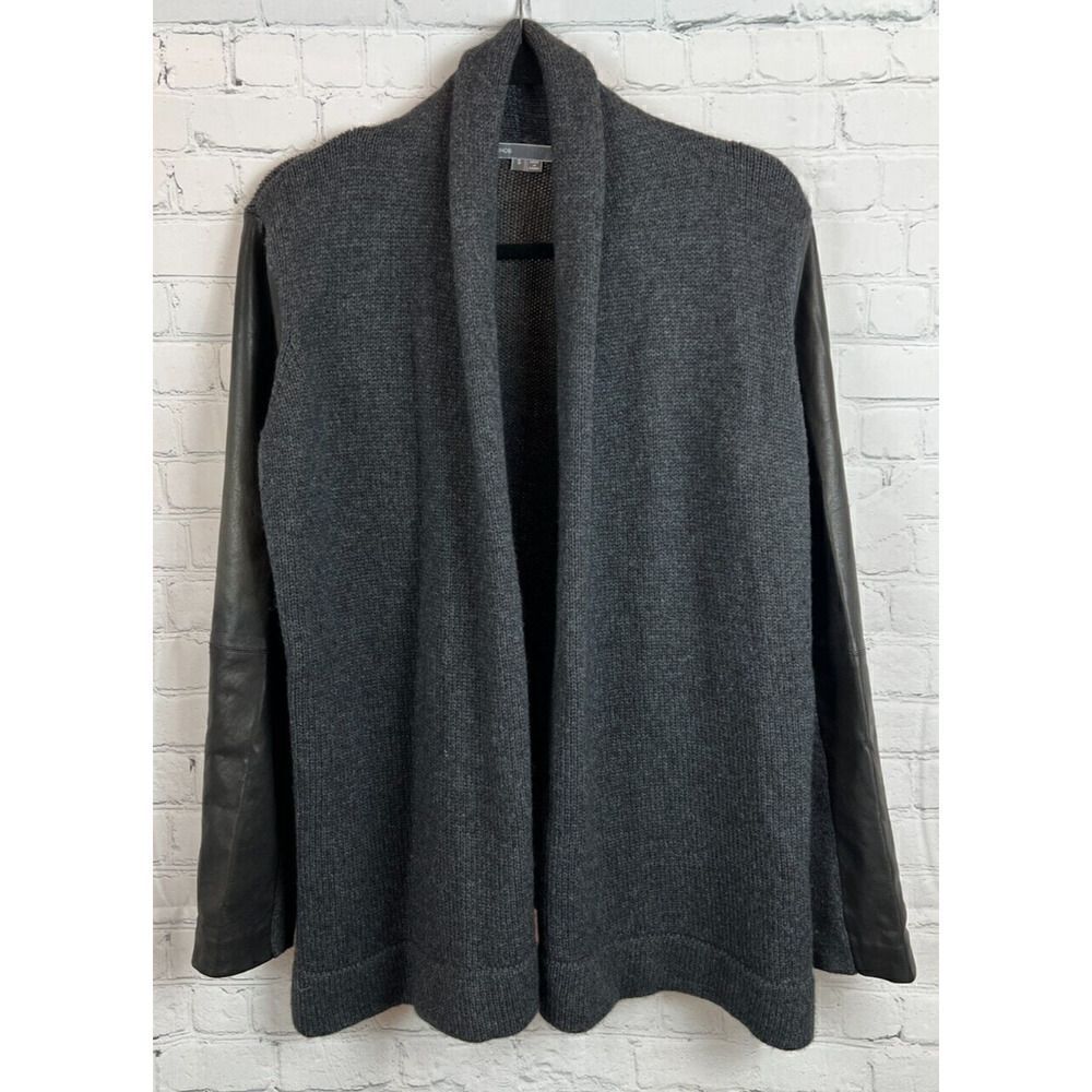 VINCE dark gray wool yak knit lamb leather sleeve open front cardigan sweater S